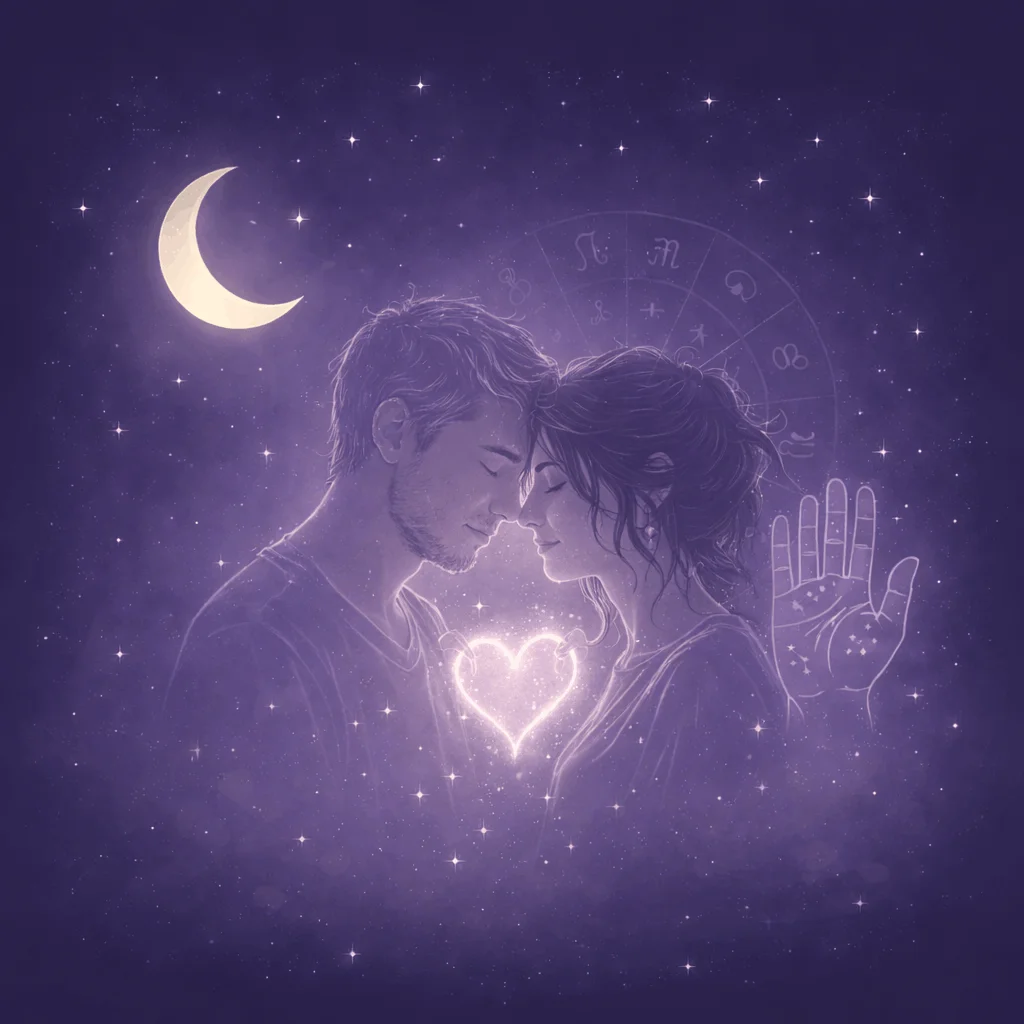 Romantic couple with glowing heart and astrological symbols